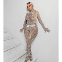 Glänzende Silber Steine Handschuhe Body Transparent Mesh Strass Hosen Geburtstag Feiern Outfit Frauen Sänger Kostüme