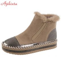 Aphixta Echt Haar Warme Winter Kristalle Schuhe Frau Elastische Band Paar Chunky Sole Plattform Große Größe 44 Wasserdicht Stiefeletten