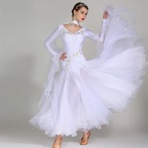 Weiß Ballsaal Kleid Lange Ärmeln Walzer Kleider Für Ballsaal Tanzen Foxtrot Dance Kleid Standard Ball Kleid Pailletten Tanz Tragen