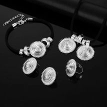 Äthiopisches trendiges silberfarbenes Halsketten-Anhänger-Ohrring-Ring-Armband, afrikanisches Hochzeitsschmuck-Set