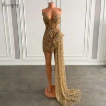 Sparkly Sweetheart Sleeveless Gold Sequined African Black Girls Short Prom Dresses 2026 With Side Train For Birthday