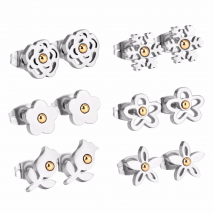 ASONSTEEL 6pairs/Box Flower with Ball Classic Piercing Stud Earrings Set Stainless Steel Silver Color Fashion Jewelry for Women