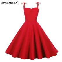 Spaghetti Strap Vintage Pinup Kleid 50s 60s Frauen Einfarbig Geraffte Sommer Verknotet Krawatte Zurück Rot Blau Schwarz casual Schaukel Jurk