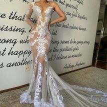 Charming Lace See Through Wedding Dresses Illusion Long Sleeve Mermaid Sweep Train Bridal Gowns Zipper Back Sexy Vestidos
