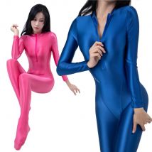 AMORESY Damen-Catsuit mit glänzenden Ölen, durchgehender Catsuit mit Reißverschluss vorne,
