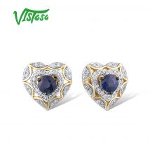 VISTOSO Echtem 14K 585 Gelb Gold Ohrringe Für Frauen Natürliche Blaue Saphir Diamant Zarte Herz Stud Ohrringe Feine Schmuck
