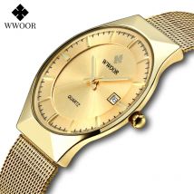 WWOOR Luxury Ultra Thin Mens Quartz Wristwatches Waterproof Casual Sports Mesh Steel Gold Automatic Date Watch Relogio Masculino