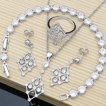 Geliebtes Weiß Kristall Braut Hochzeit 925 Silber Schmuck Set Schaukel Perlen Charme Feinen Schmuck Frauen Halskette Set Dropshipping