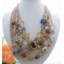 Y·YING 6Strds Agates& multi shape Crystal statement Necklace