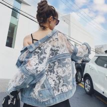 Übergroße bestickte Gaze-Ösen-Jeansjacke, Damenmantel, lose Spitzennähte, perspektivische Top-Jacke, Damen-Jeansmantel, sexy