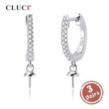 CLUCI 3 pair Authentic 925 Silver Zircon Hoop Earrings Jewelry for Women Party Sterling Silver Pearl Earring Mounting SE134SB