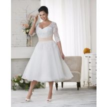 Angepasst Tee Länge Plus Größe Vintage Brautkleider Halbarm Applikationen Spitze Perlen Frauen