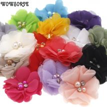 20 Stück Perlen-Strass-Chiffon-Blumen, Haarschmuck, DIY-Blumenstrauß, Blumen-Dekorationen, keine Haarspangen für Stirnband
