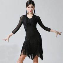 Frauen Sexy Mid Lange Hülse Druck Latin Dance Ausbildung Quaste Kleidung Ballsaal Kleid Tango Moderne Rumba Leistung Dancewear