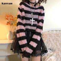 Karrram Maglioni gotici a righe rosa Donna Fori strappati Pullover lavorato a maglia allentato Sfilacciato Fata Grunge Maglioni Emo Streetwear Lolita