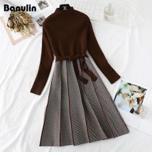 Roll kragen pullover A-Linie Strick Falten kleid Herbst Winter Langarm Streifen druck Frauen elegante Schärpen gestrickt dickes Pullover Kleid