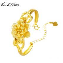 KISS&FLOWER Vintage Flowers Petal Gold Bracelet Bangle For Women Birthday Wedding Party Christmas Bride Mother Lady Gifts BR197
