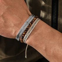 Handgefertigter natürlicher Tigerauge-Stein, kleine Perlen, heißes 925er Silber, Teller-Manschettenarmband für Männer, Geburtstagsgeschenke, einfaches Schmuckset
