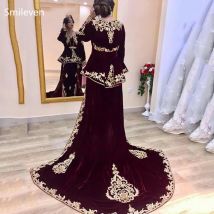 Smileven Burgunderrote Kaftan-Abendkleider aus Samt, elegante Karakou-Algerin-Abschlussballkleider, Spitze, Abendparty-Kleider