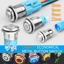 LANBOO 12 16 19 22 mm wasserdichter momentaner selbstsichernder kleiner Ein-Aus-Drucktastenschalter aus Metall mit LED-Lichtlampe 12 24 V