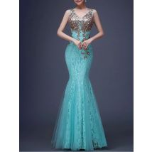 Spitze Abendkleid Meerjungfrau Ärmellose Tüll Formale Kleid Doppel V-ausschnitt Robe De Soriee