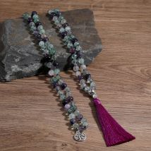 8 mm natürliche Farbe Fluorit geknotet 108 Mala Perlen Halskette Meditation Gebet Quaste Schmuck für Männer und Frauen