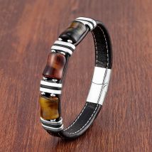 Handgefertigtes natürliches Tigerauge-Stein-Armband für Männer, personalisierte Lederarmbänder, Edelstahlschmuck, Mode, 2024