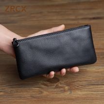 ZRCX Herren-Geldbörse aus echtem Leder mit langem Reißverschluss, erste Schicht aus Rindsleder, ultradünne Jugend-Handtaschen-Geldbörse, trendige Marke, einfache Geldbörse