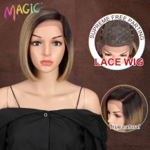 Magic Synthetic Lace Wig Bob Wig 10 Inches Short Straight Hair Wig For Black Women Side Part Heat-Resistant Fiber Lace Bob Wig