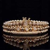 3 teile/satz Luxus Gold Farbe Perlen Royal King Crown Würfel Charme CZ Ball Armband Herren Mode Armbänder & Armreifen Multi größe