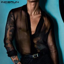 INCERUN Mesh-Shirt Männer Revers Sehen Durch Sexy Stilvolle Taste 2023 Camisa Langarm Transparent Party Nachtclub Männer Hemd S-3XL