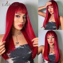EASIHAIR-pelucas sintéticas largas y rectas con flequillo para mujer, resistente al calor cabello Natural, fiesta de Cosplay de Halloween diaria, rojo vino
