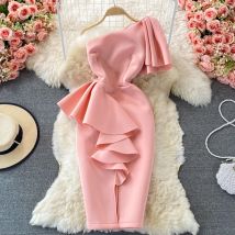Amolapha Spring Women Stylish One-shoulder Ruffled Solid Charming Stretchy Vestidos Sheath Mini Summer Party Dress