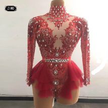 Bühnensänger Show Dance Trikot Glitzer Strass rosa rot Rüschen Langarm Body Damen Nachtclub