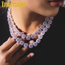 Neue Iced Out Bling Rosa 5A Zirkonia CZ Colliers Silber Farbe 8mm Platz Tennis Kette Halskette Hip
