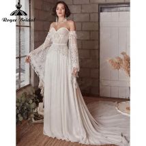 Eine Linie Boho Bohemia Brautkleid lange Flare Ärmel Spitze Chiffon rücken frei Gericht Zug Schatz