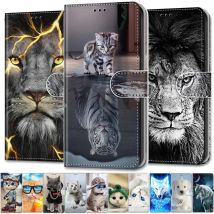 Coole Tiere Hülle für Samsung A50 Flip Ledertasche na für Galaxy A30 A10 A20 S A20E A70 A40 Wallet Cover Löwe Bär Wolf Katzen