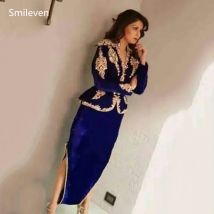 Smileven Royal Blue Karakou Algerischer Kaftan Abendkleider Samt Langarm Abnehmbarer Gürtel Dubai Prom Party Kleider Maßgeschneidert