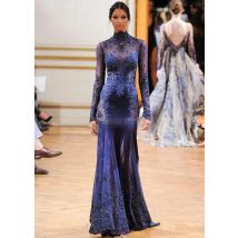 2026 Zuhair Murad High Neck Lace Formelles Abendkleid Langarm Durchsichtige Perlen Applikationen Prom Promi-Kleider Marineblau