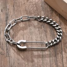 Bracciale da uomo, acciaio inossidabile, spilla di sicurezza con mezza catena cubana, bracciali a maglie semicircolari di gioielli da uomo