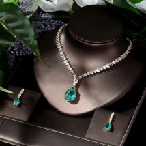 HIBRIDE Luxus Glänzende Wasser Tropfen Zirkonia Halskette Ohrring Set für Frauen Hohe Qualität