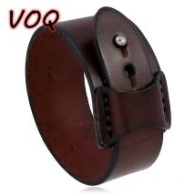 VOQ Punk Geometrisches Design Schwarz mit Braun Echtleder Armband Manschettenarmband für Unisex Schmuck Kreative Geschenke Pulseras