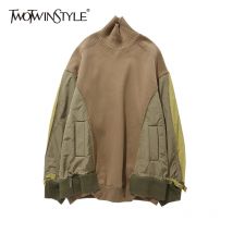 TWOTWINSTYLE Hit Farbe Patchwork Lose Tops Für Frauen Rollkragen Langarm Casual Sweatshirt Weibliche Mode Neue Kleidung Stil