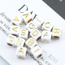 100pcs White Cube Acrylic Alphabet Bead Loose Spacer Gold Plated 26 letter Beads For Jewelry Making Diy Children Bracelet 6X6MM