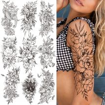 Realistische gefälschte Pfingstrose temporäre Tattoos für Frauen Mädchen schwarze Rose Elefant Blume Tattoo Aufkleber Tiger Anemone Tatoos halbe Ärmel