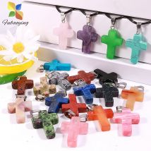 12pcs Wholesale Natural Stone Quartz Crystal Opalite Unakite Agate Trendy Charms Cross Necklace Pendants For Jewelry Making 12PC