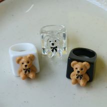 New Cartoon Cute Transparent White Black Resin Acrylic Geometric Square Bear finger Rings For Women Girls Travel Jewelry Gifts