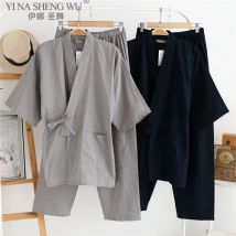 Männer traditionelle japanische Pyjamas Set Baumwolle Robe Hosen Kimono Haori Yukata Nachthemd Wmoen aus weichem Kleid Nachtwäsche Obi Outfits
