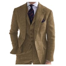 Herren-Wickelanzug aus brauner Wolle, formell, 3-teilig, schmale Passform, Schalkragen, Tweed, Abschlussball, Smoking für Hochzeit, Trauzeugen (Blazer + Weste + Hose)