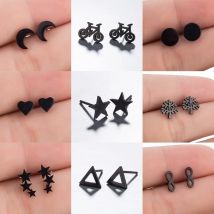 Mini Edelstahl Ohr stecker Ohrringe schwarz minimalist ischen runden Stern Dreieck Herz Baum Ohrringe für Frauen Männer Schmuck cooles Geschenk